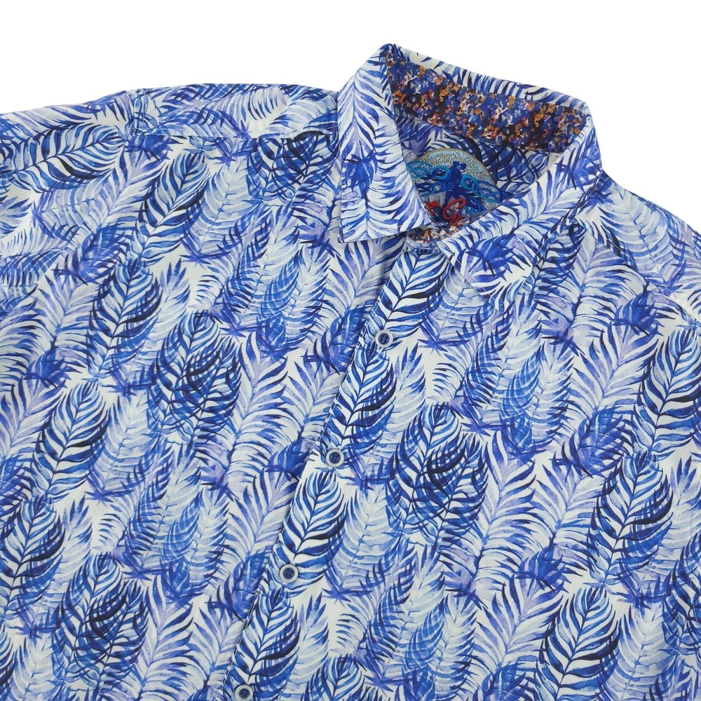 Robert Graham Shirt Mens L Blue Leaf Print Tropical Short Sleeve Button Up‎